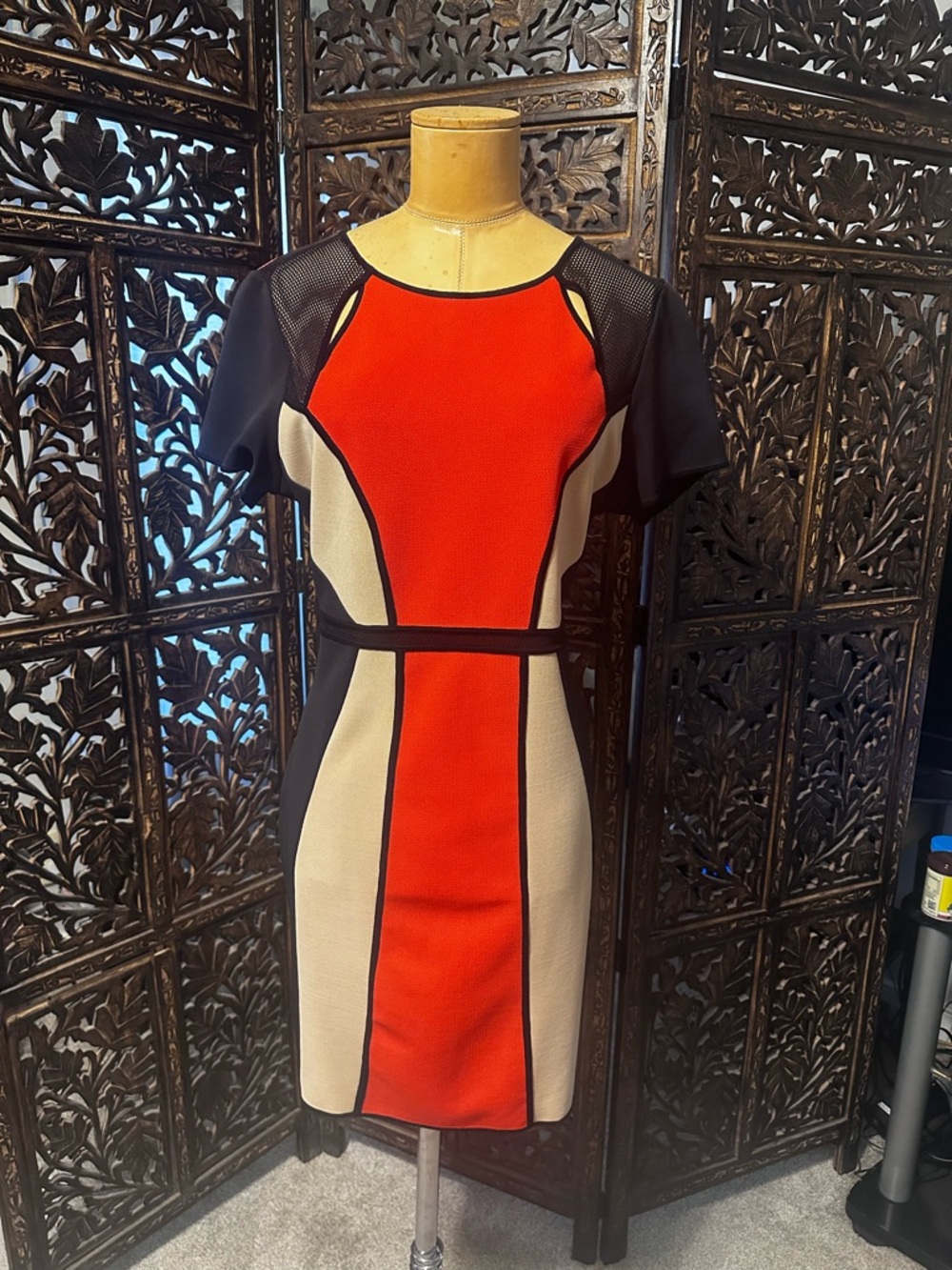 Gianni Bini Colorblock Midi Dress in Red-Orange, Black and Tan